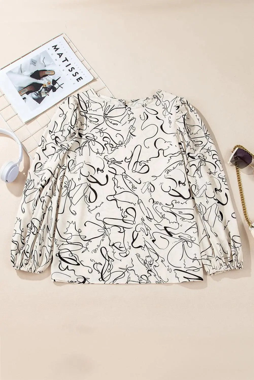 Clothing & Apparel Love Salve Beige Abstract Print Blouse with Balloon Sleeves