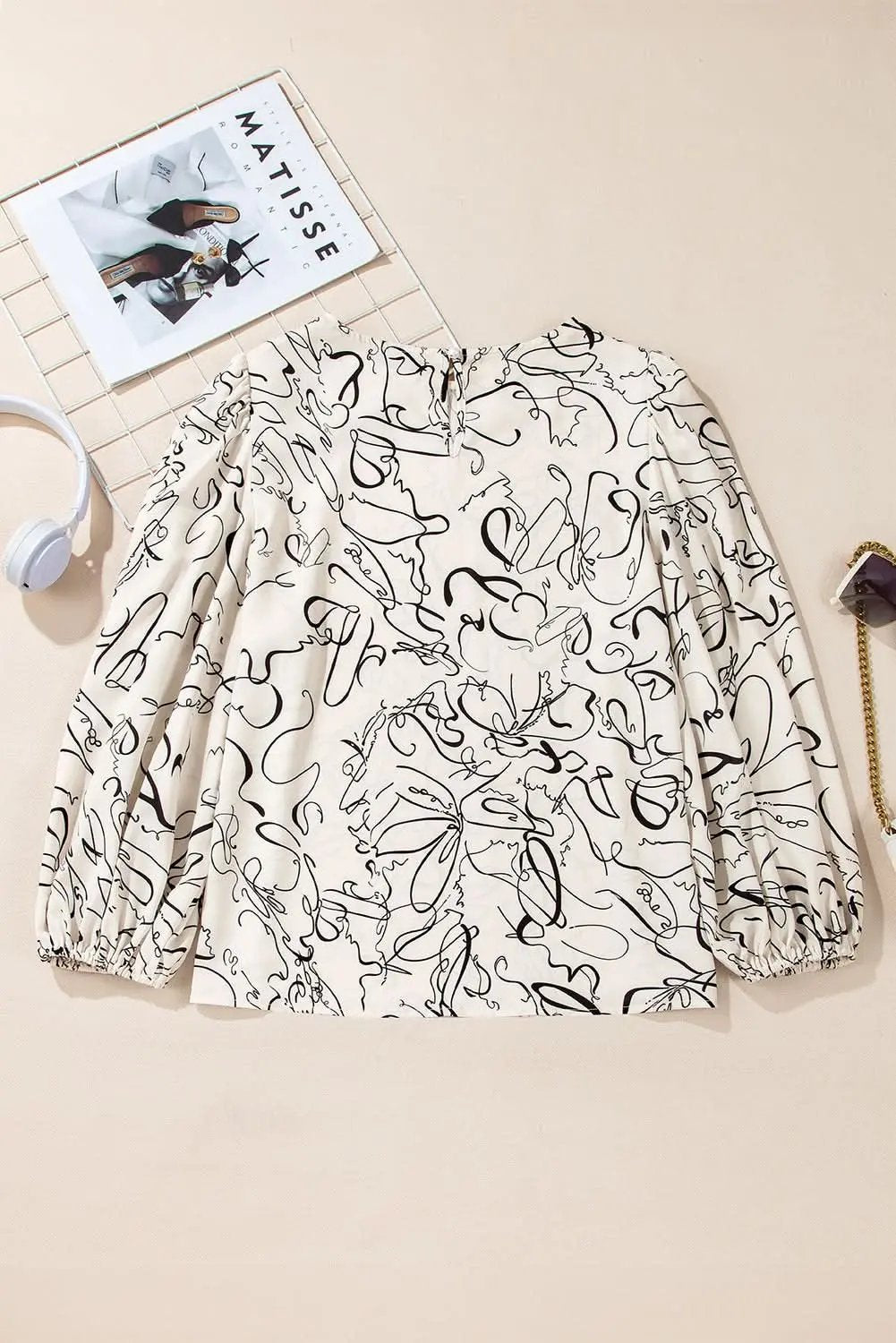 Clothing & Apparel Love Salve Beige Abstract Print Blouse with Balloon Sleeves
