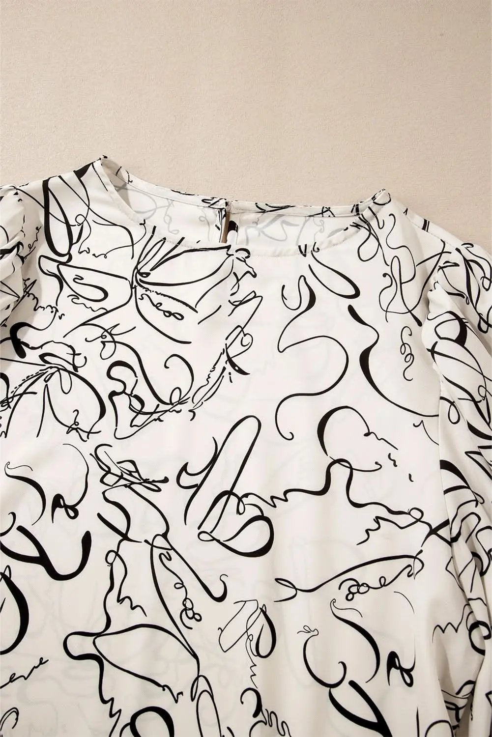 Clothing & Apparel Love Salve Beige Abstract Print Blouse with Balloon Sleeves