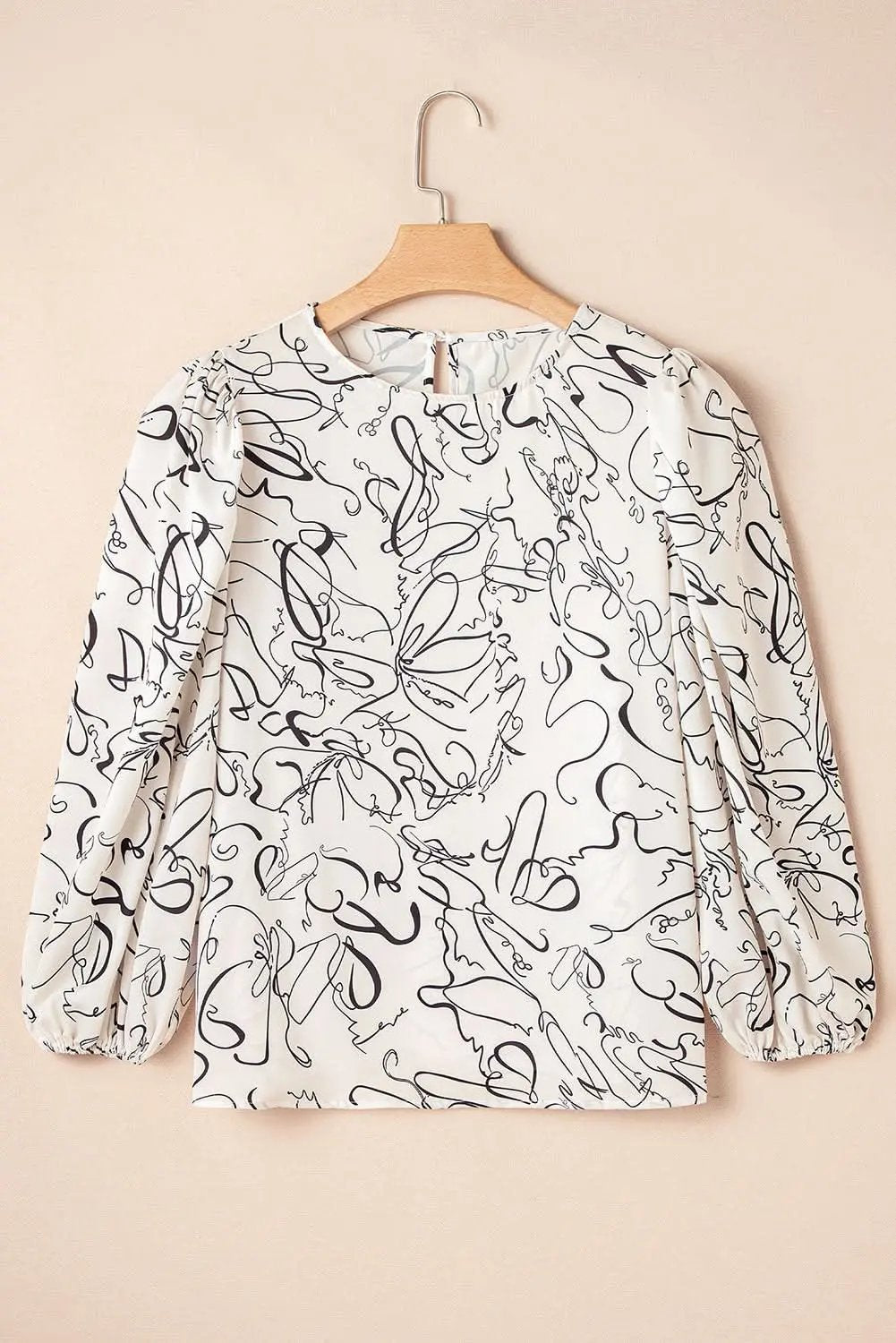 Clothing & Apparel Love Salve Beige Abstract Print Blouse with Balloon Sleeves
