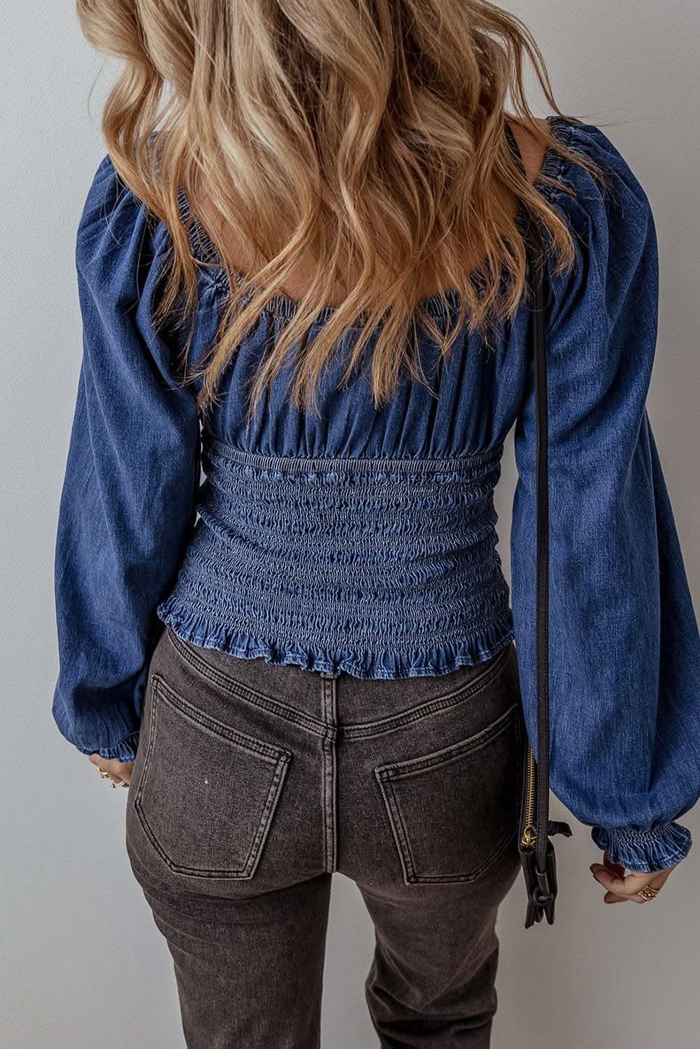 Accessories Love Salve Dark Blue Denim Top Women's V-Neck Puff Sleeve Fashion Top