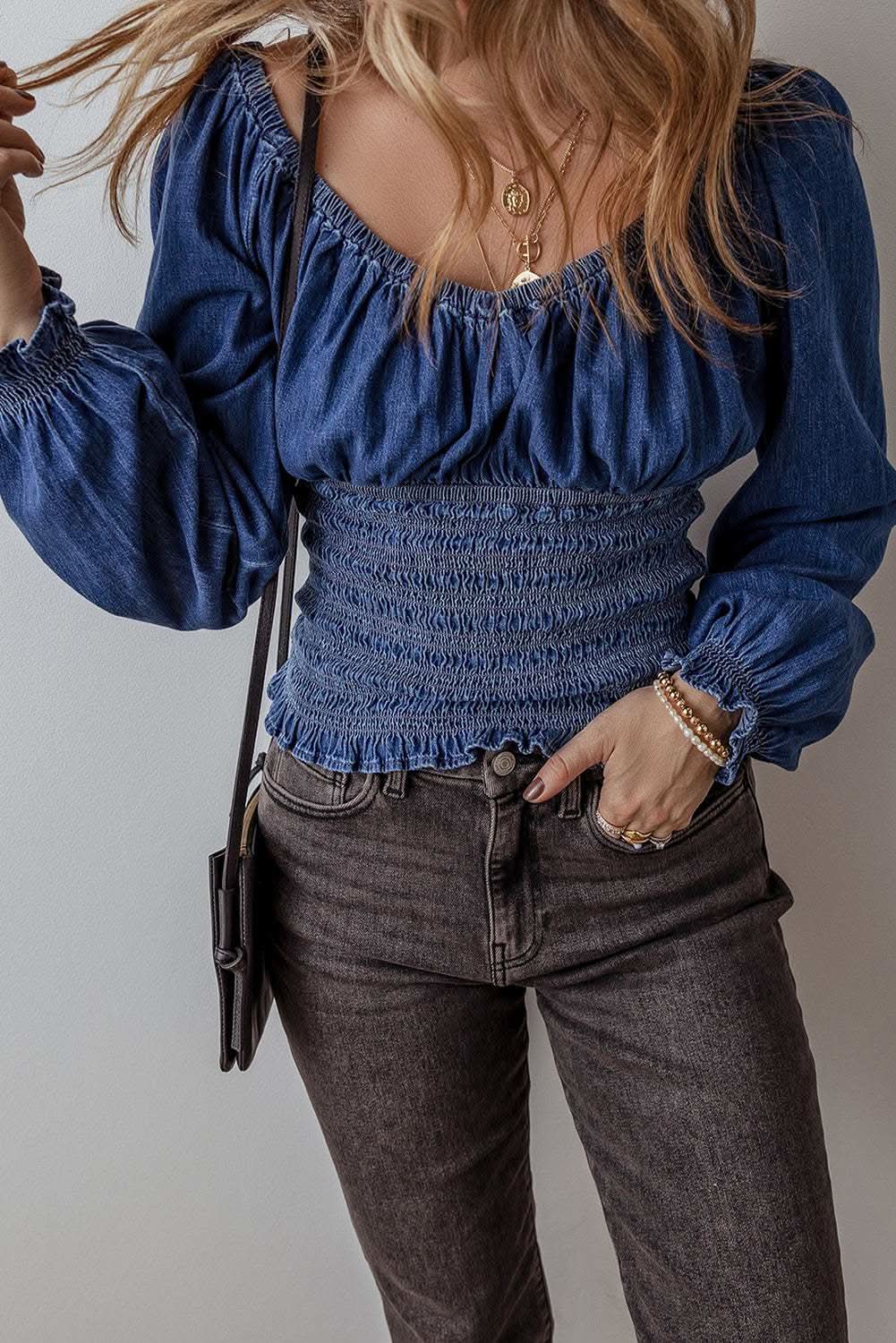 Accessories Love Salve Dark Blue Denim Top Women's V-Neck Puff Sleeve Fashion Top