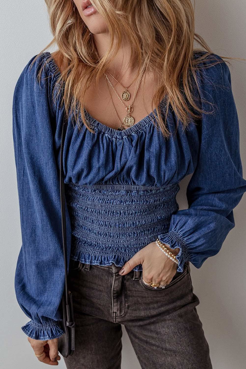 Accessories Love Salve Dark Blue Denim Top Women's V-Neck Puff Sleeve Fashion Top