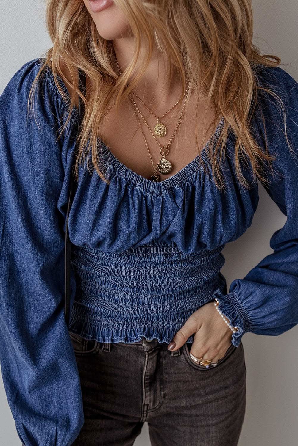 Accessories Love Salve Dark Blue Denim Top Women's V-Neck Puff Sleeve Fashion Top