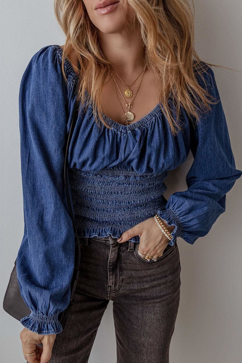 Accessories Love Salve Dark Blue Denim Top Women's V-Neck Puff Sleeve Fashion Top
