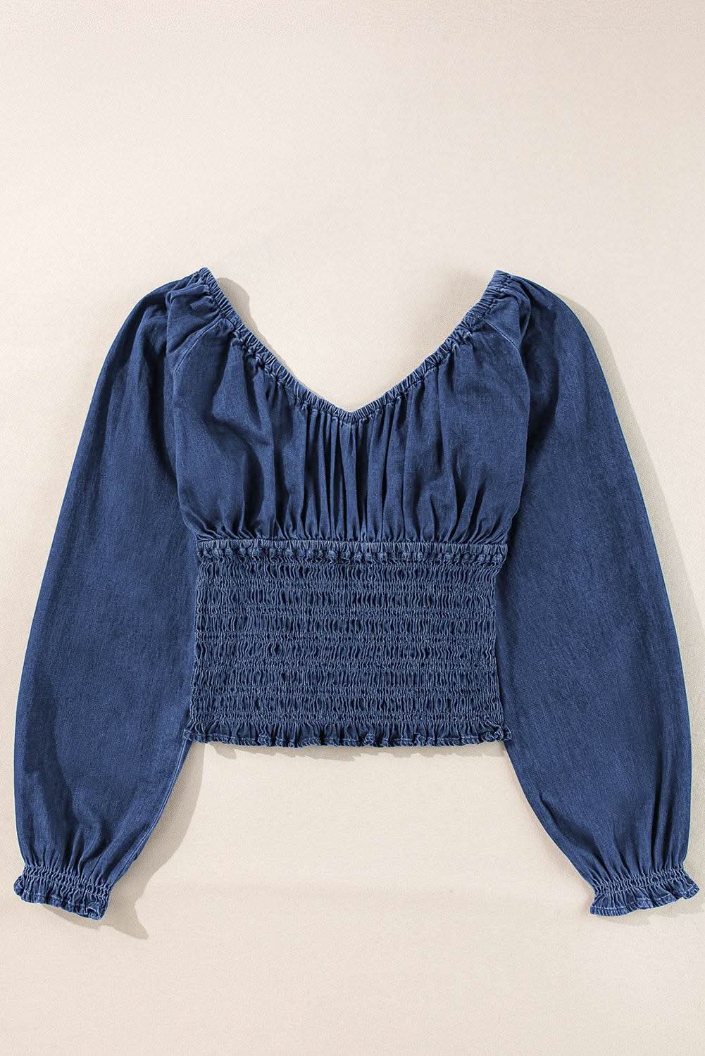 Accessories Love Salve Dark Blue Denim Top Women's V-Neck Puff Sleeve Fashion Top