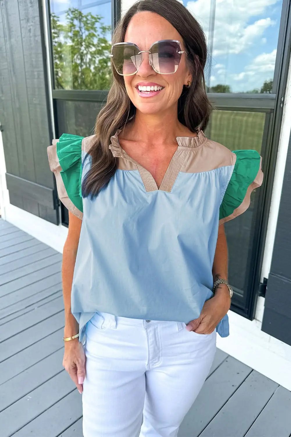 Accessories Love Salve Mist blue ruffled frill blouse
