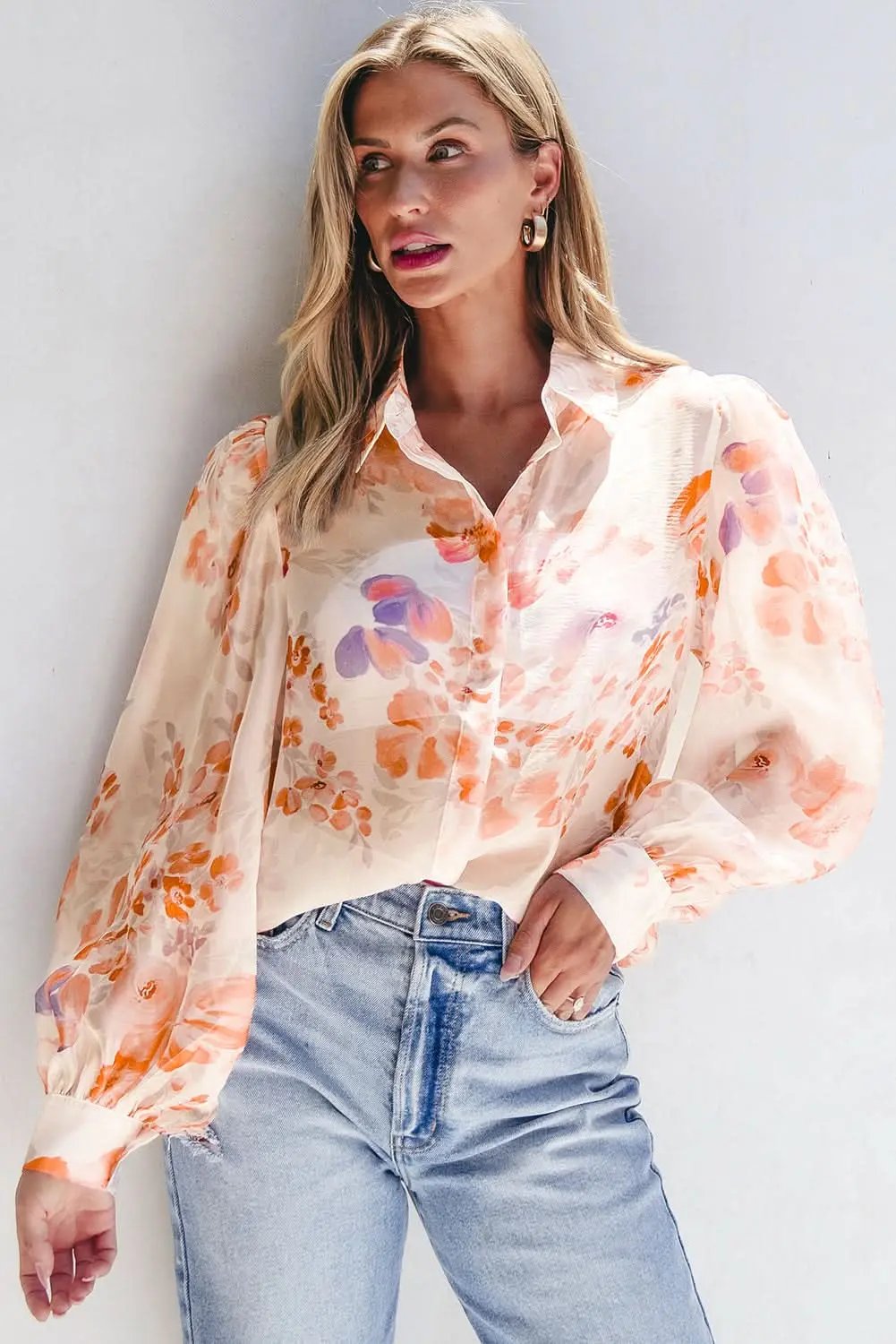 Accessories Love Salve Floral balloon sleeve collared shirt