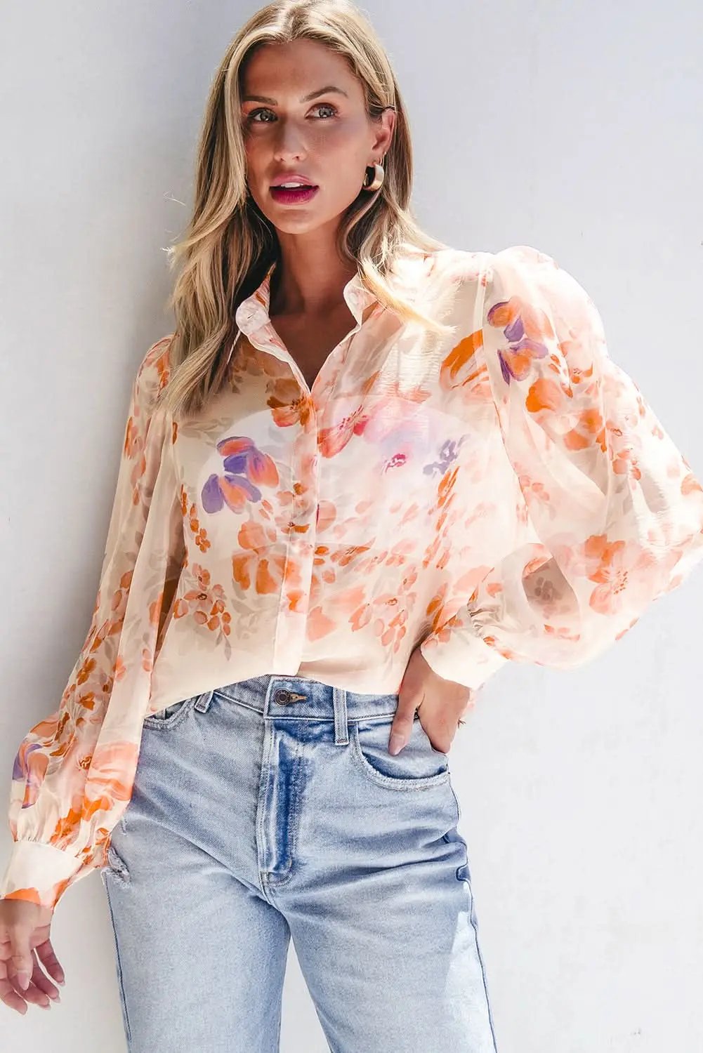 Accessories Love Salve Floral balloon sleeve collared shirt