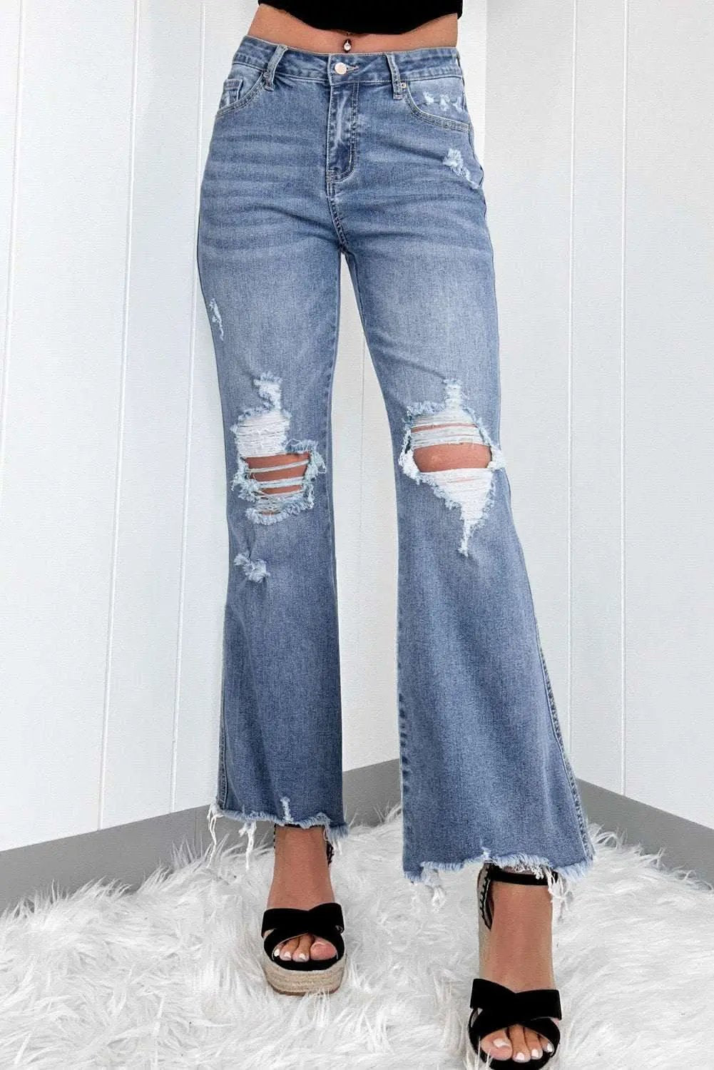 Accessories Love Salve Dusk Blue Denim Jeans Women's Daily Flared Jeans High-Rise, Distressed