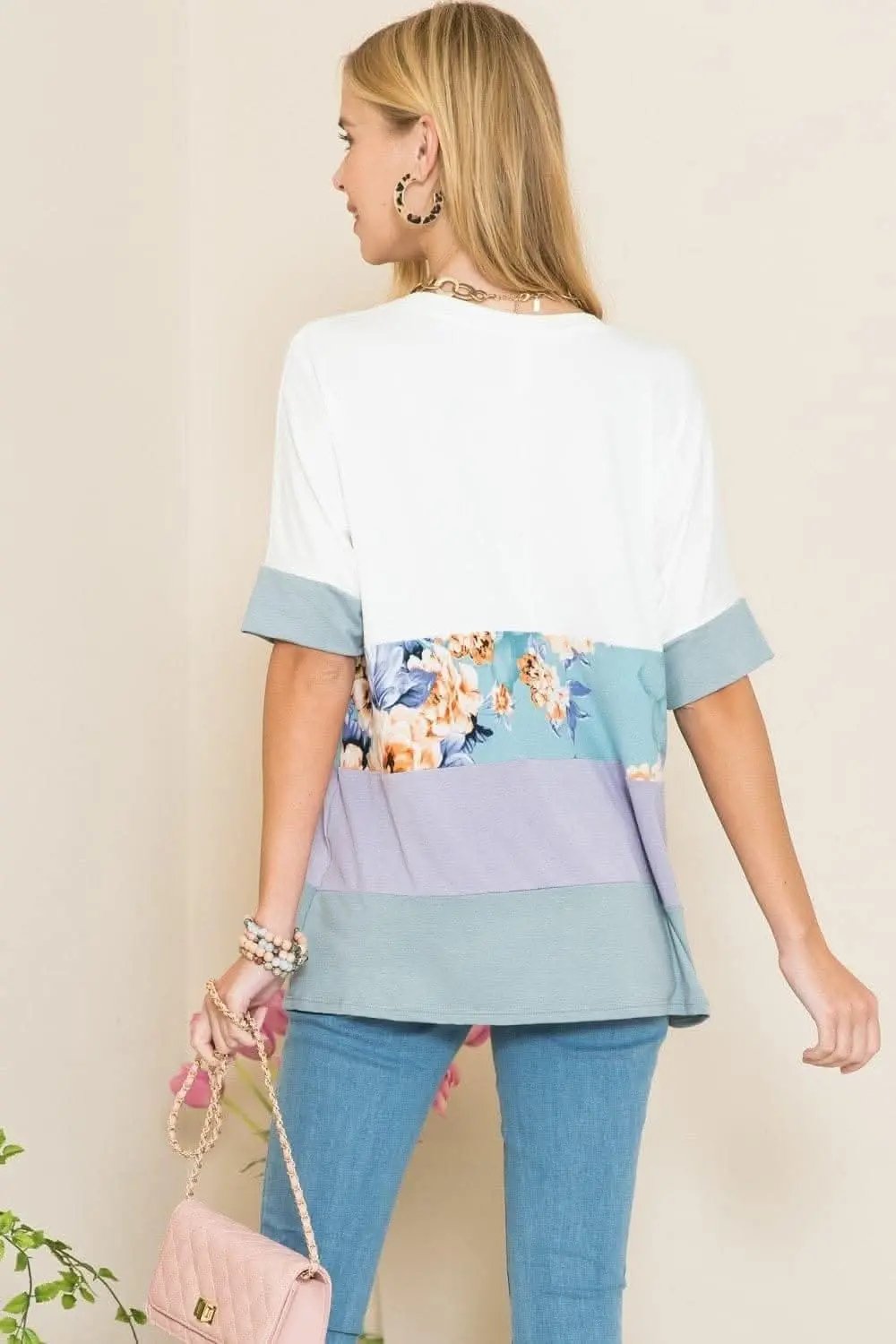 T-Shirts Love Salve Ivory & Lilac Colorblock Women's T-Shirt Casual Everyday Soft