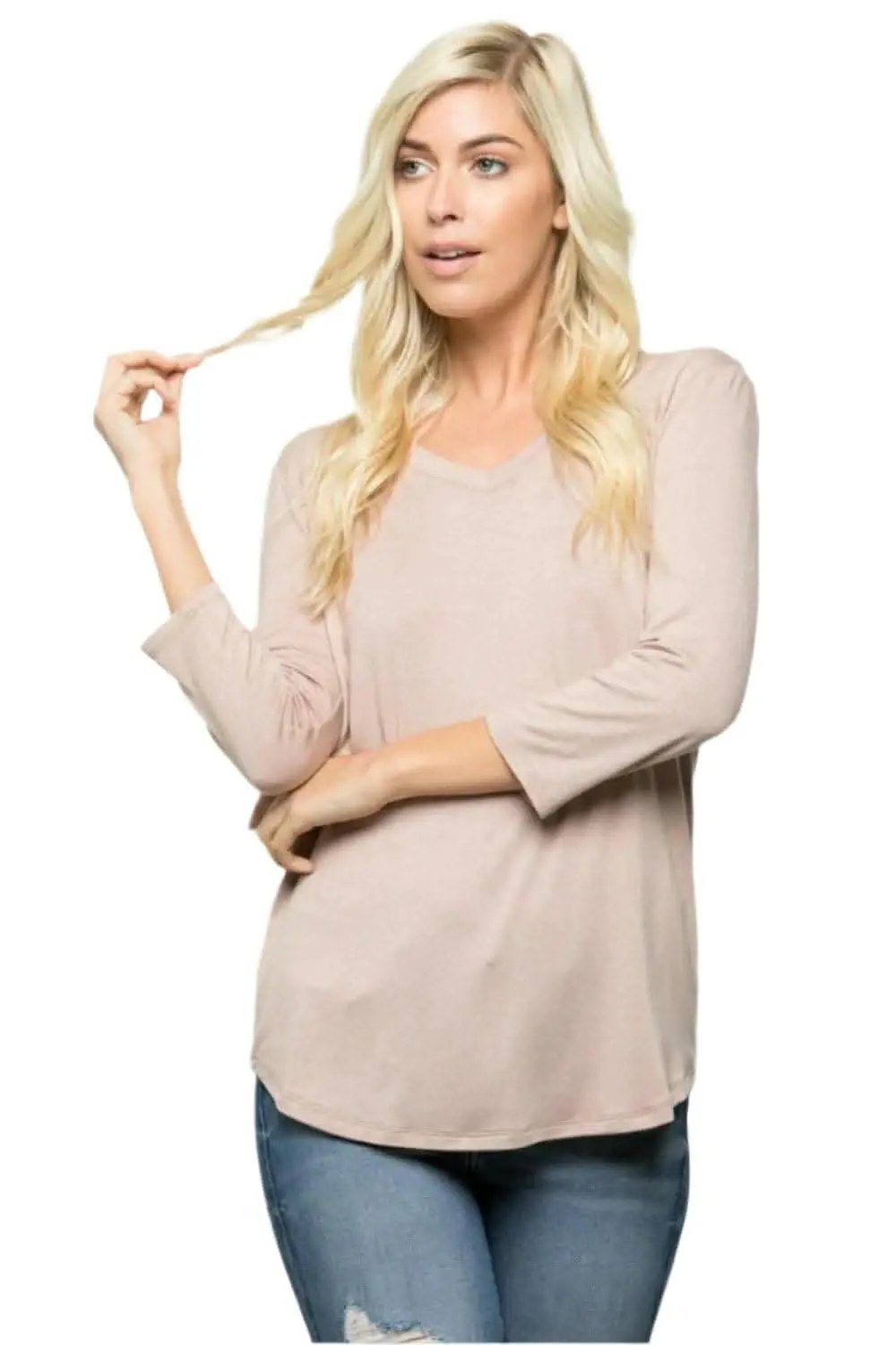 Women's T-Shirt Women's Tee - Mocha V-Neck Comfy 3/4 Sleeve - Casual Top