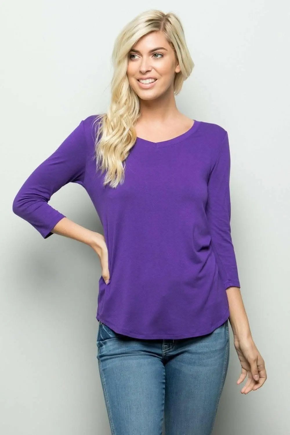 Women's T-Shirt Women's Tee - Mocha V-Neck Comfy 3/4 Sleeve - Casual Top