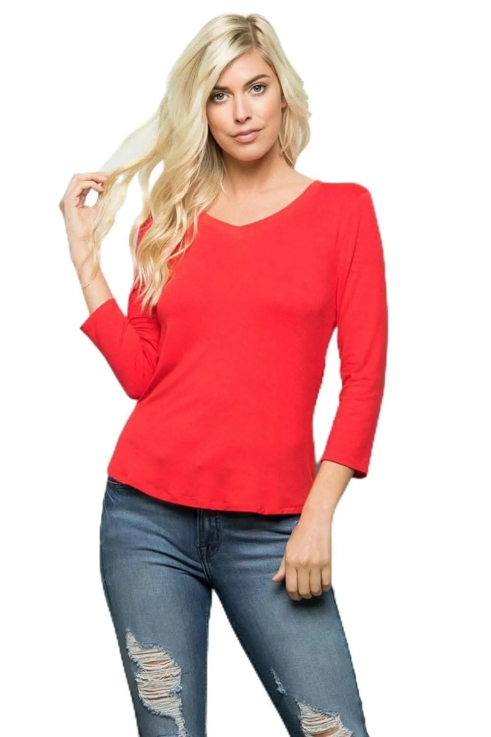 T-Shirts Love Salve Red V-Neck Tee Women's Everyday Top 3/4 Sleeve Soft Knit