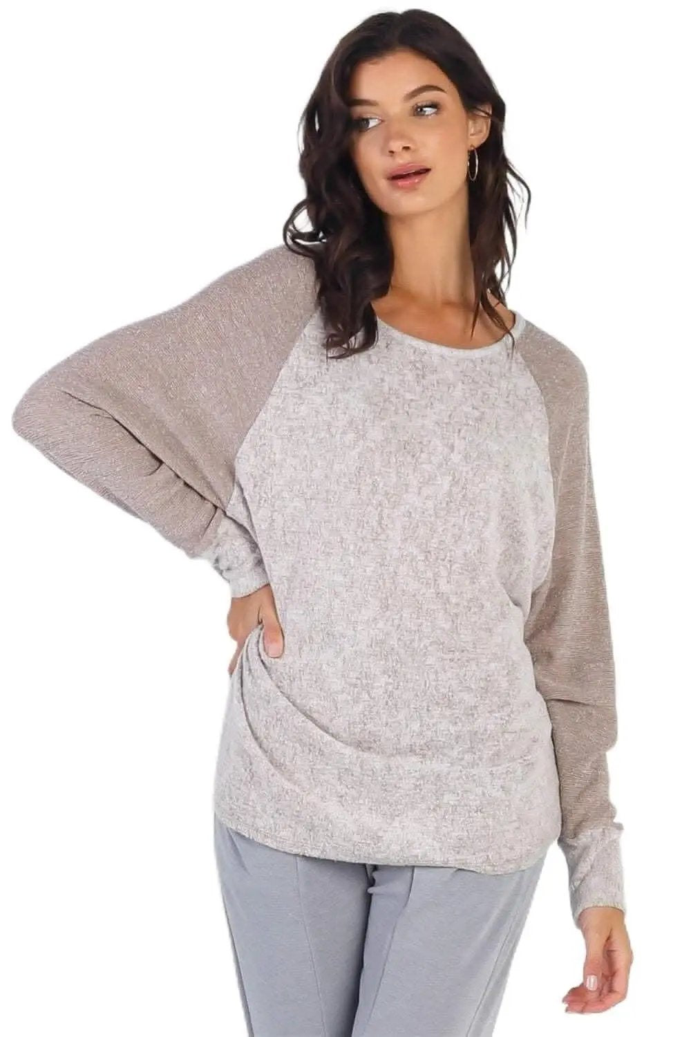 Pants Love Salve Taupe Contrast Women's Long Sleeve Top Casual Chic Tee