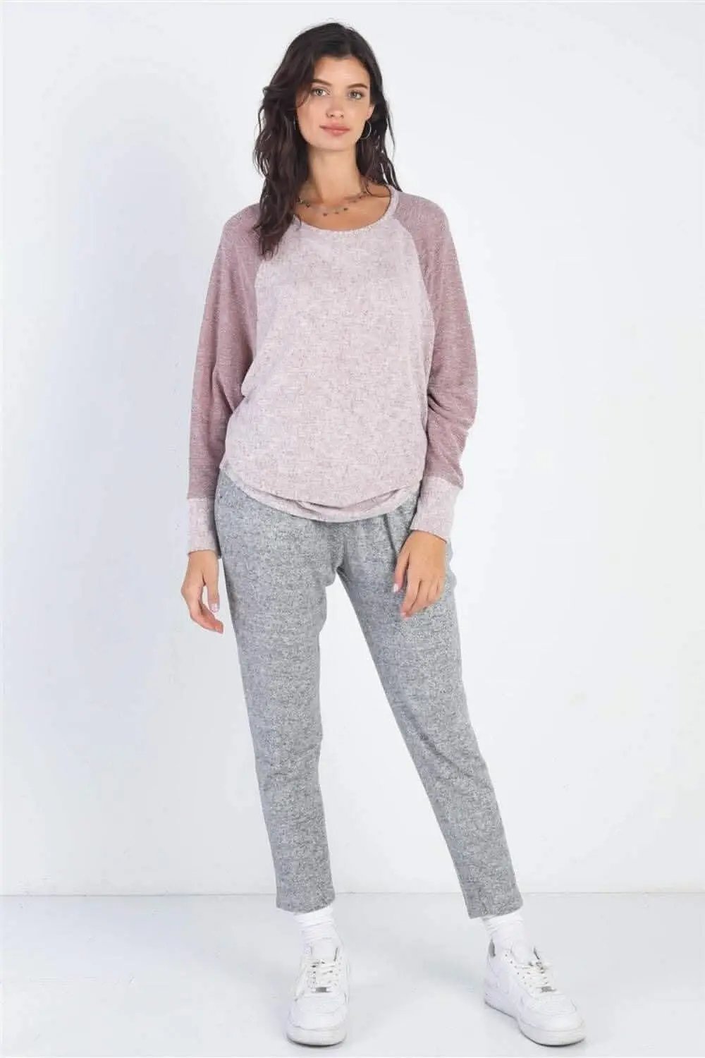 Pants Love Salve Taupe Contrast Women's Long Sleeve Top Casual Chic Tee