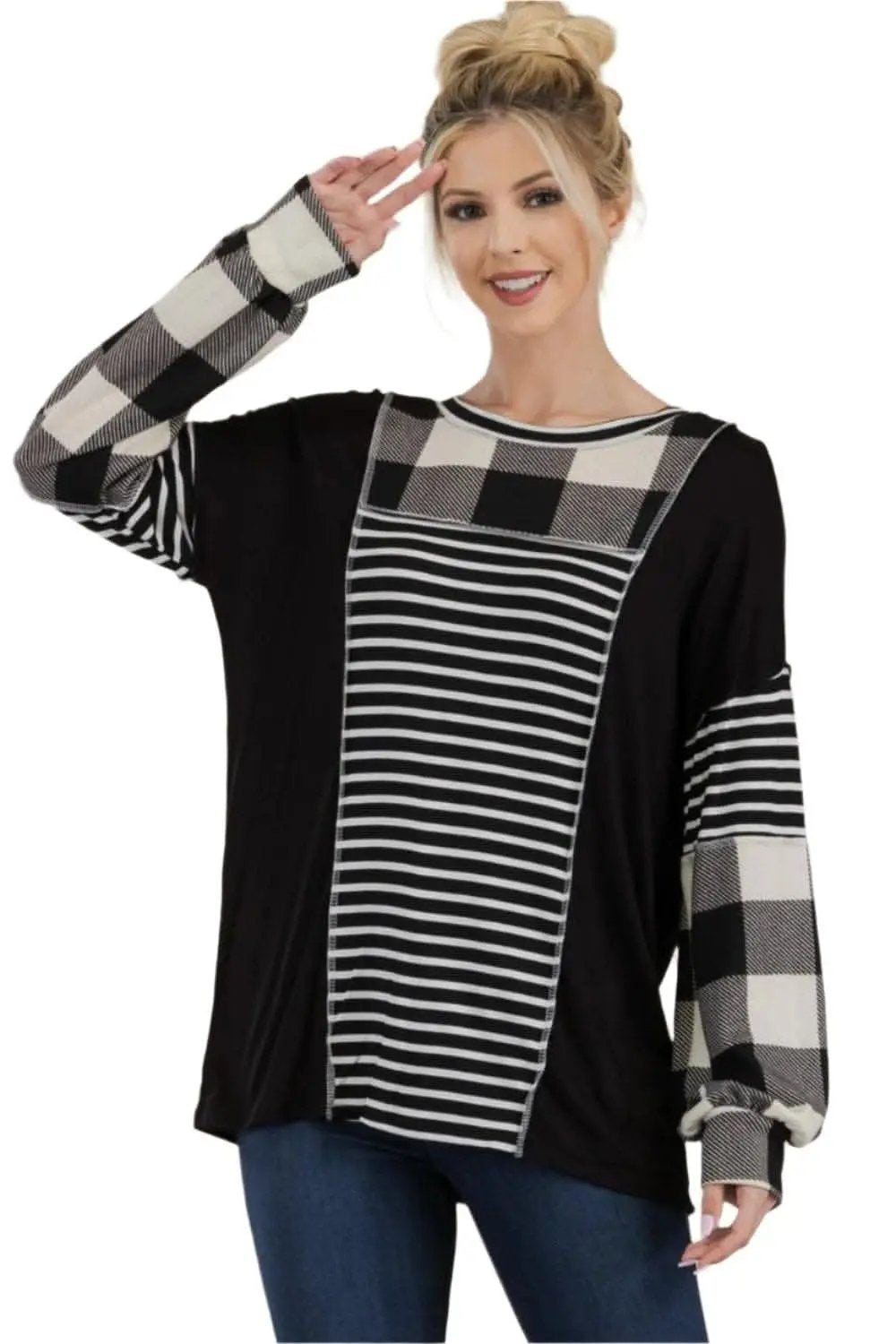 Men's T-Shirt T-Shirt - Color Block Exposed Seam - Black/White Plaid