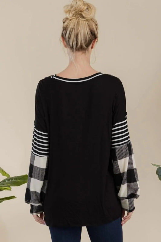 Men's T-Shirt T-Shirt - Color Block Exposed Seam - Black/White Plaid