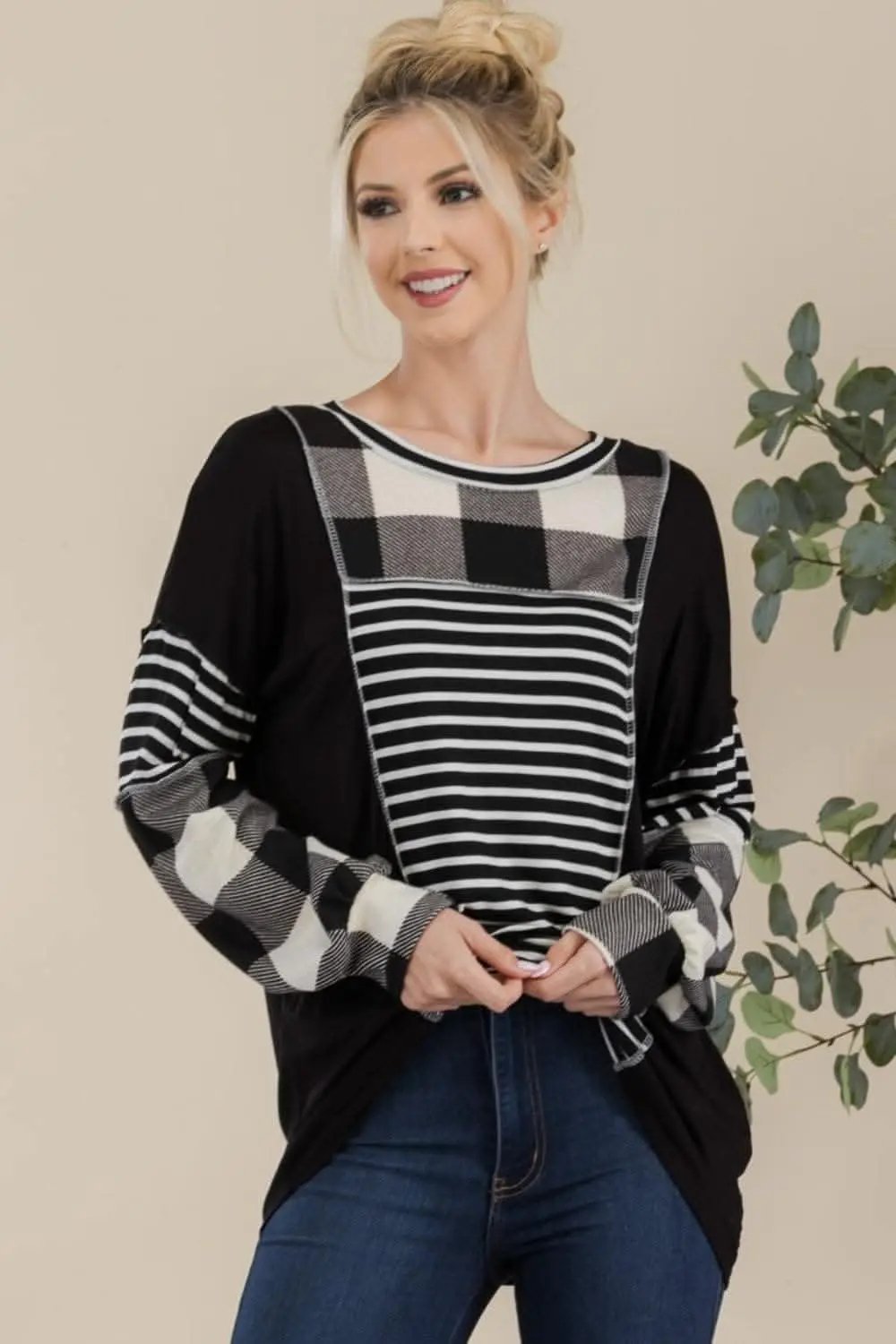 Men's T-Shirt T-Shirt - Color Block Exposed Seam - Black/White Plaid