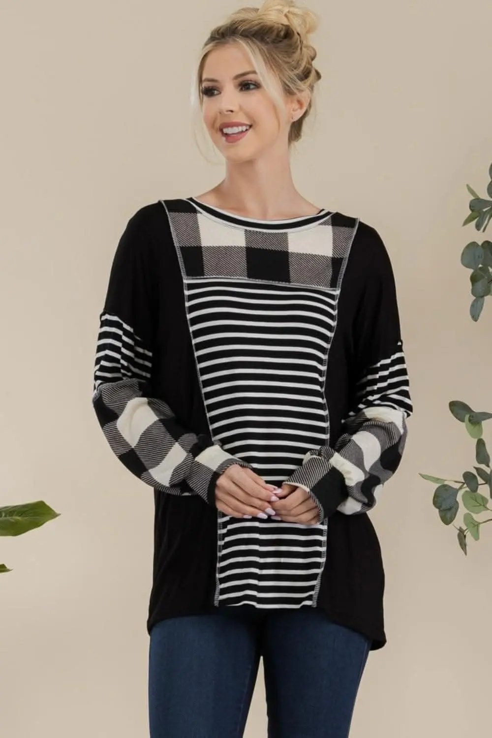 Men's T-Shirt T-Shirt - Color Block Exposed Seam - Black/White Plaid