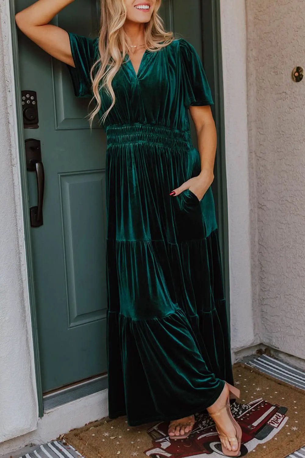 Dresses Love Salve Velvet Evergreen Dress Women's Boho Maxi Elegant V-Neck Tiered