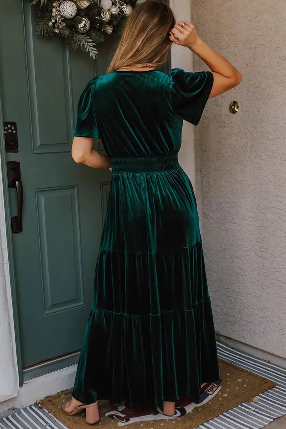 Dresses Love Salve Velvet Evergreen Dress Women's Boho Maxi Elegant V-Neck Tiered