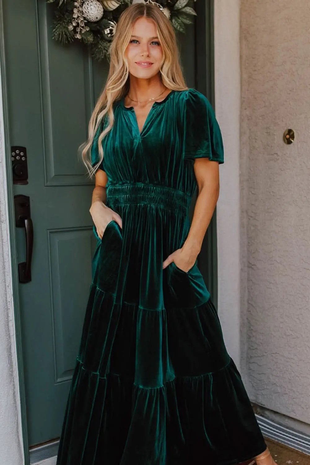 Dresses Love Salve Velvet Evergreen Dress Women's Boho Maxi Elegant V-Neck Tiered