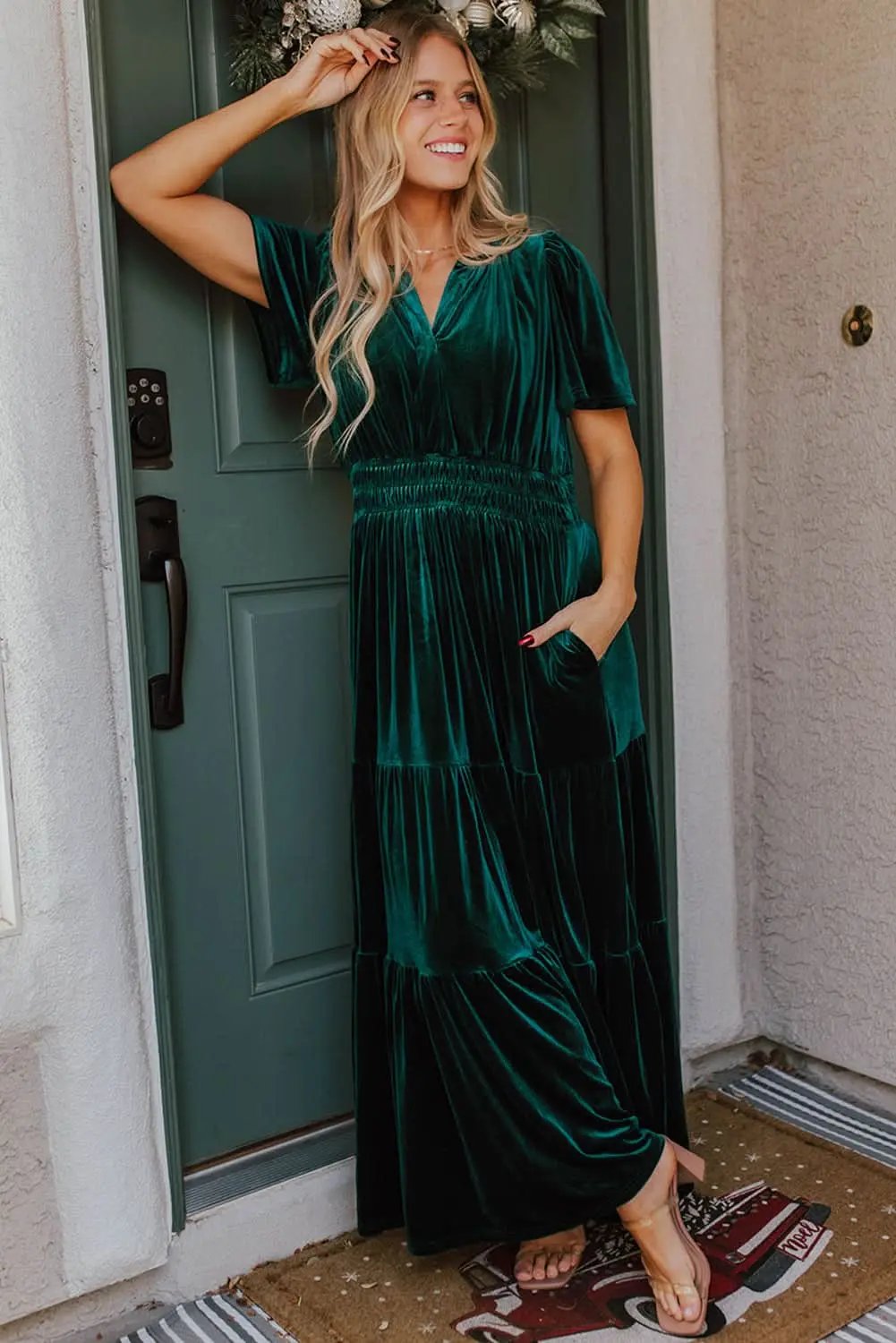 Dresses Love Salve Velvet Evergreen Dress Women's Boho Maxi Elegant V-Neck Tiered