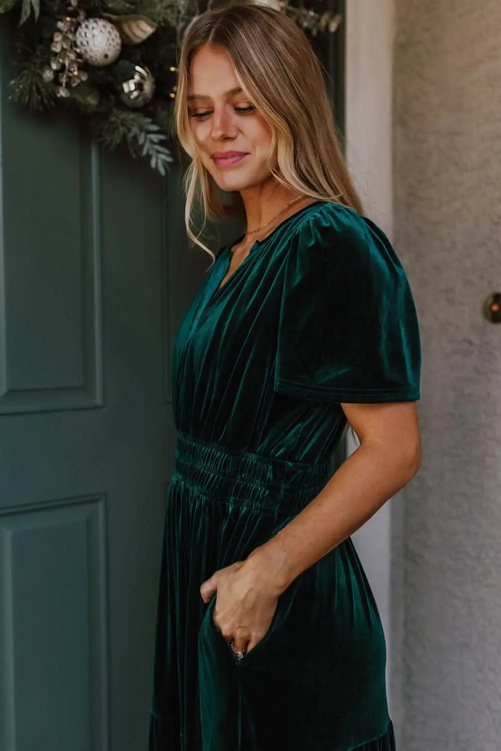 Dresses Love Salve Velvet Evergreen Dress Women's Boho Maxi Elegant V-Neck Tiered