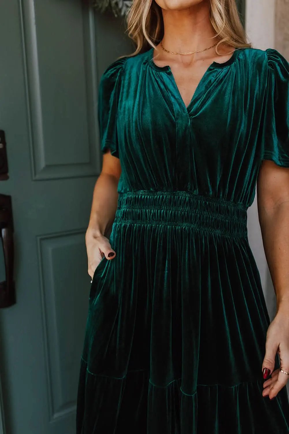 Dresses Love Salve Velvet Evergreen Dress Women's Boho Maxi Elegant V-Neck Tiered