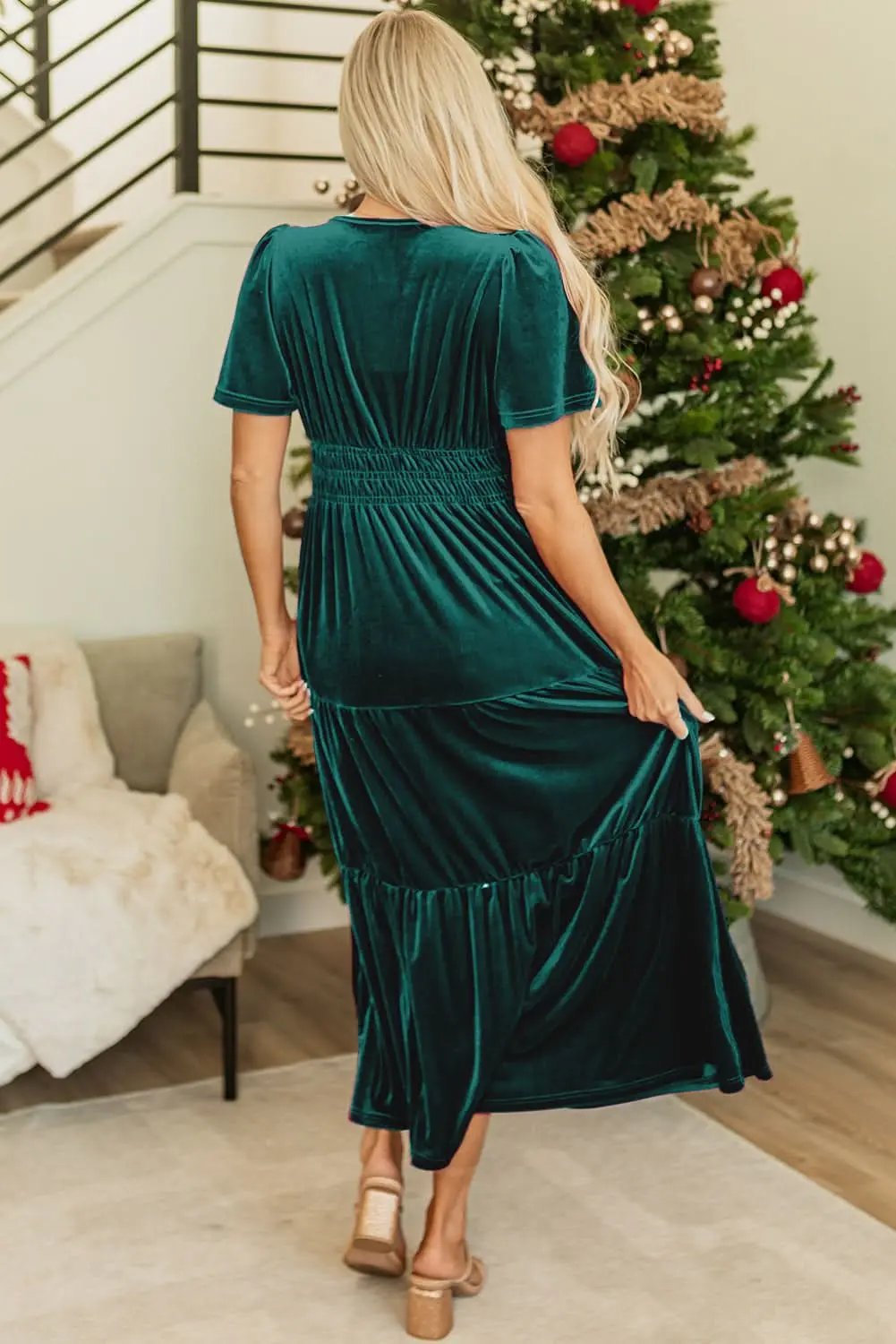 Dresses Love Salve Velvet Evergreen Dress Women's Boho Maxi Elegant V-Neck Tiered