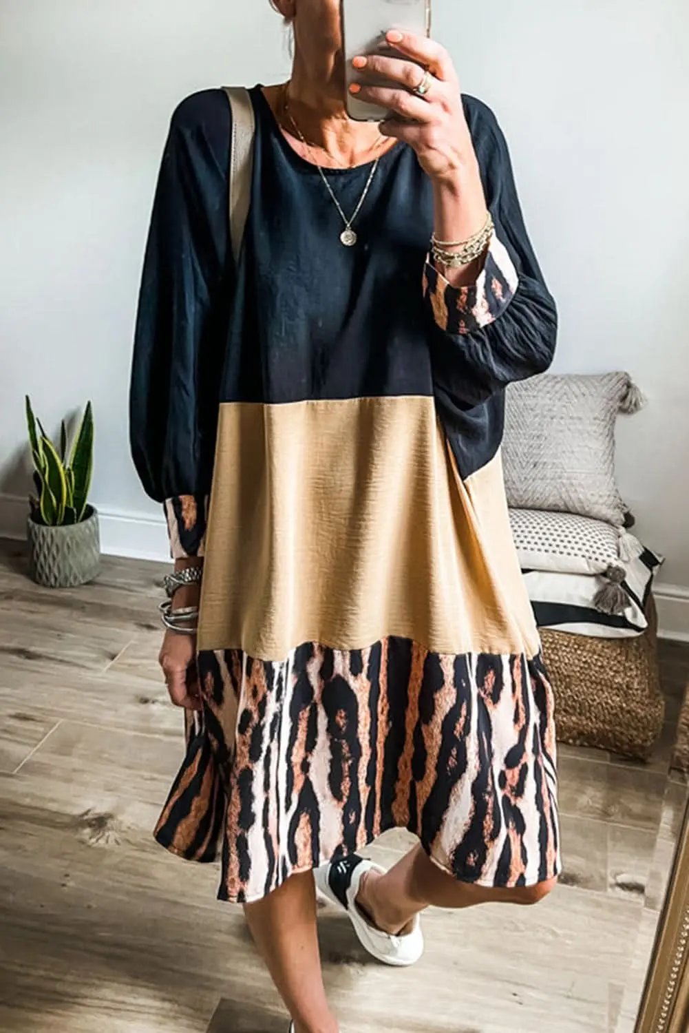 Love Salve Women's Mini Dress Bishop Sleeves Colorblock — Tiger Print