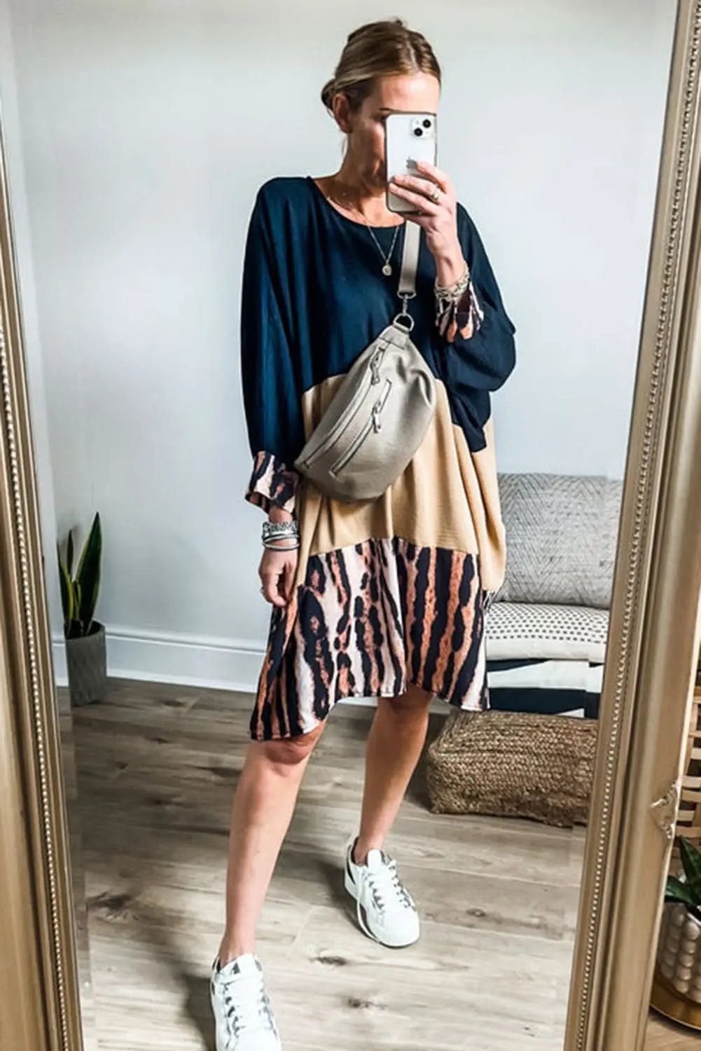 Love Salve Women's Mini Dress Bishop Sleeves Colorblock — Tiger Print
