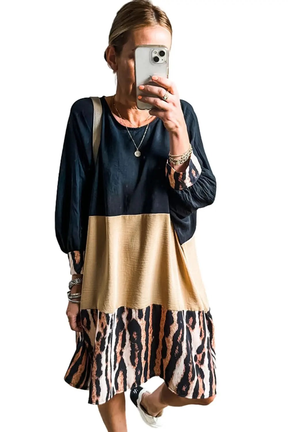 Love Salve Women's Mini Dress Bishop Sleeves Colorblock — Tiger Print
