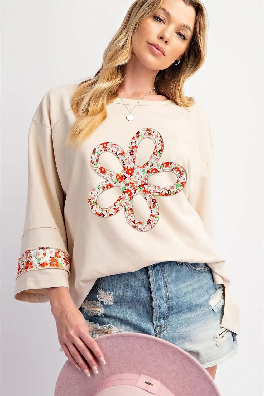 Accessories Love Salve Beige Floral Wide Sleeve Top - Graphic/Graphic