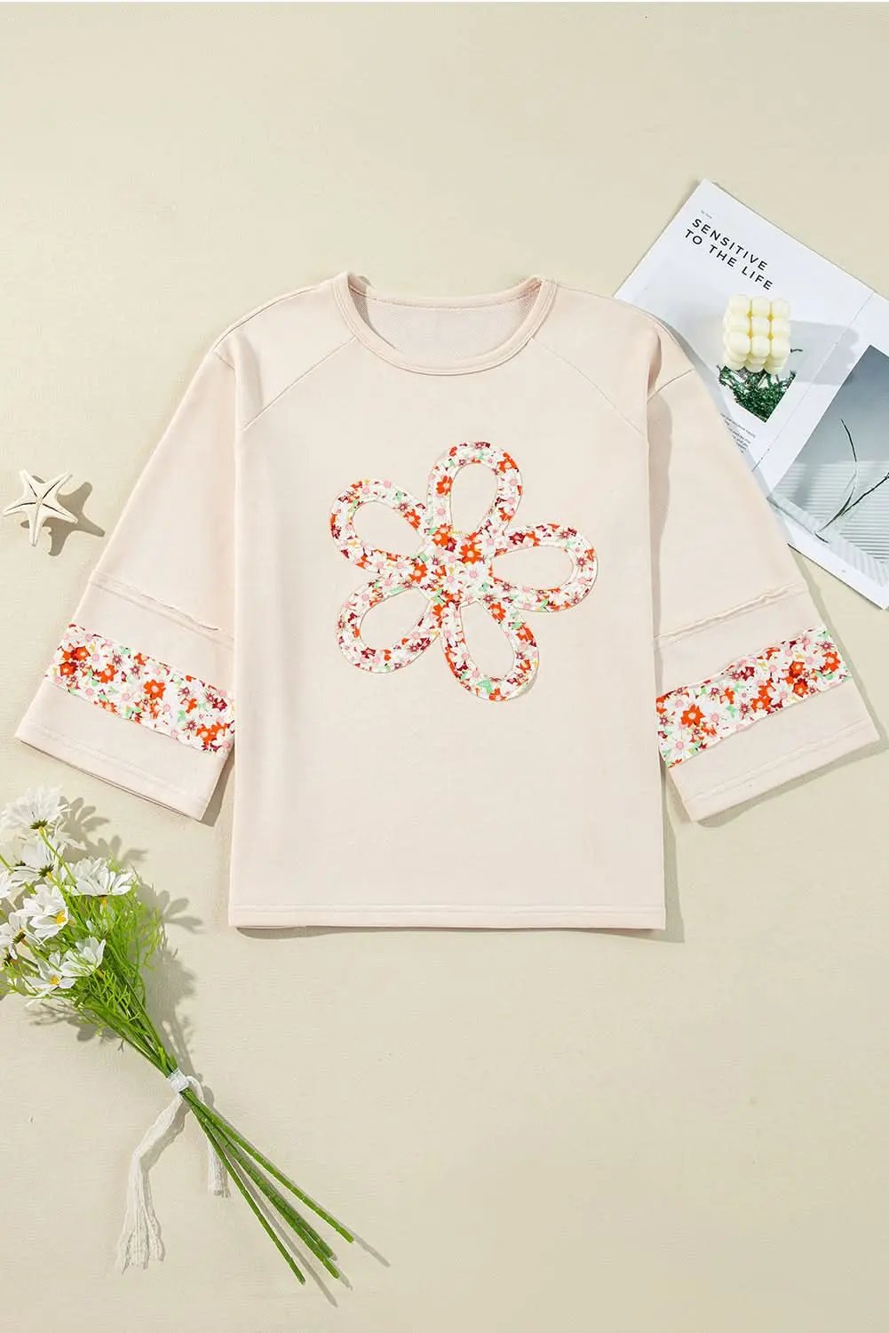Accessories Love Salve Beige Floral Wide Sleeve Top - Graphic/Graphic