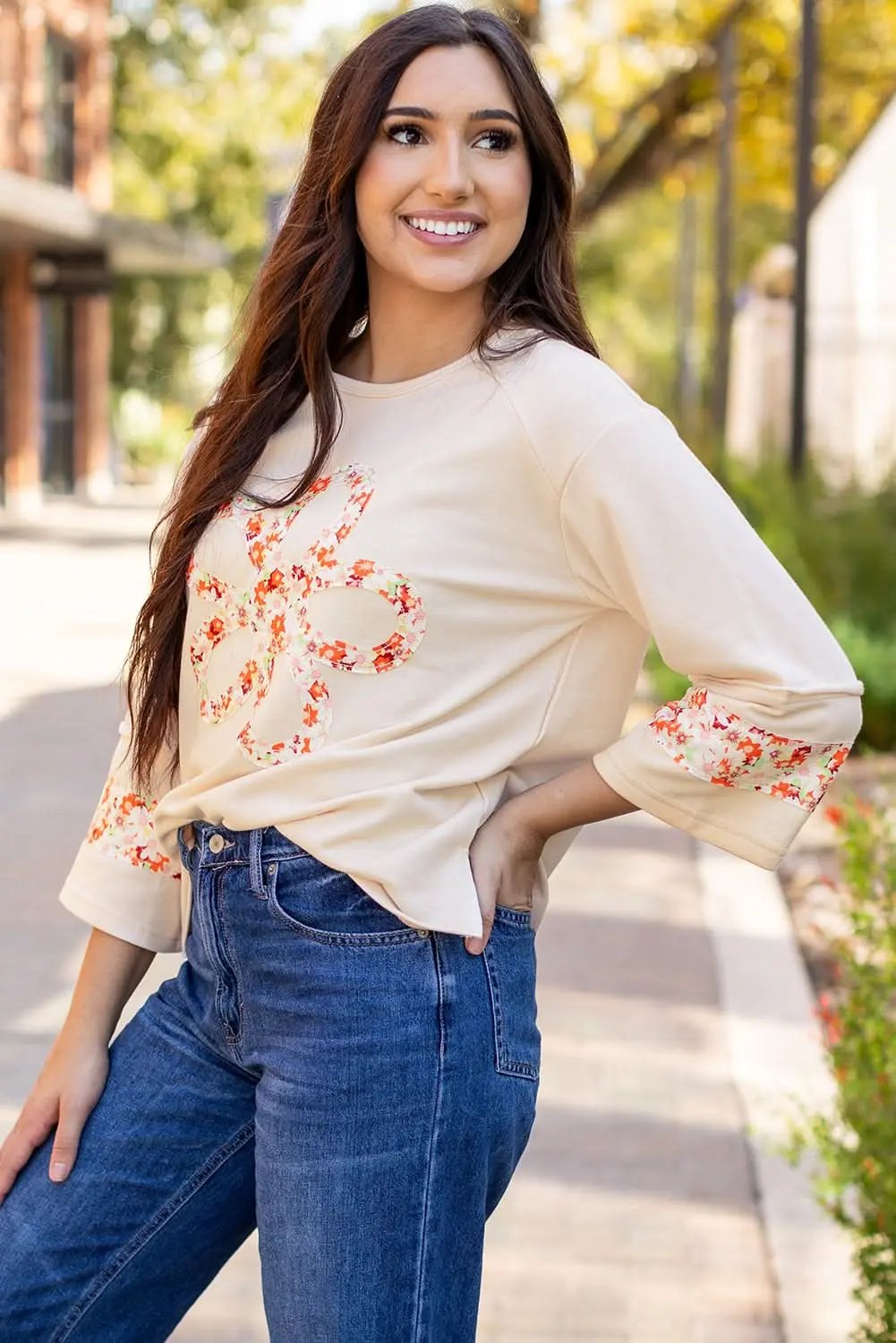 Accessories Love Salve Beige Floral Wide Sleeve Top - Graphic/Graphic