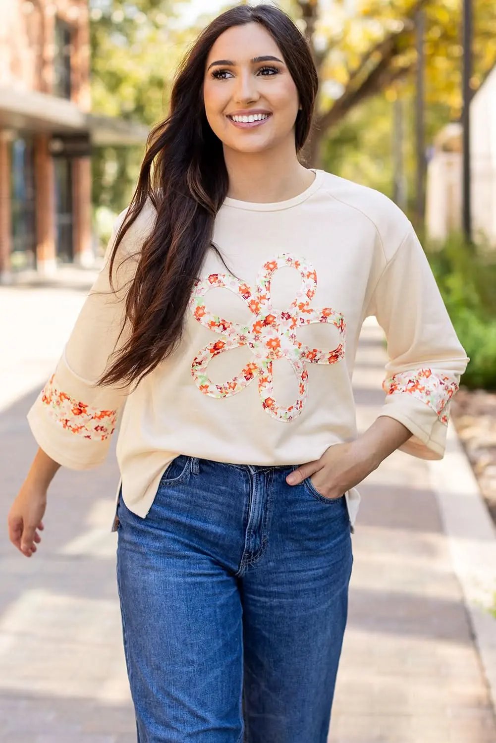 Accessories Love Salve Beige Floral Wide Sleeve Top - Graphic/Graphic