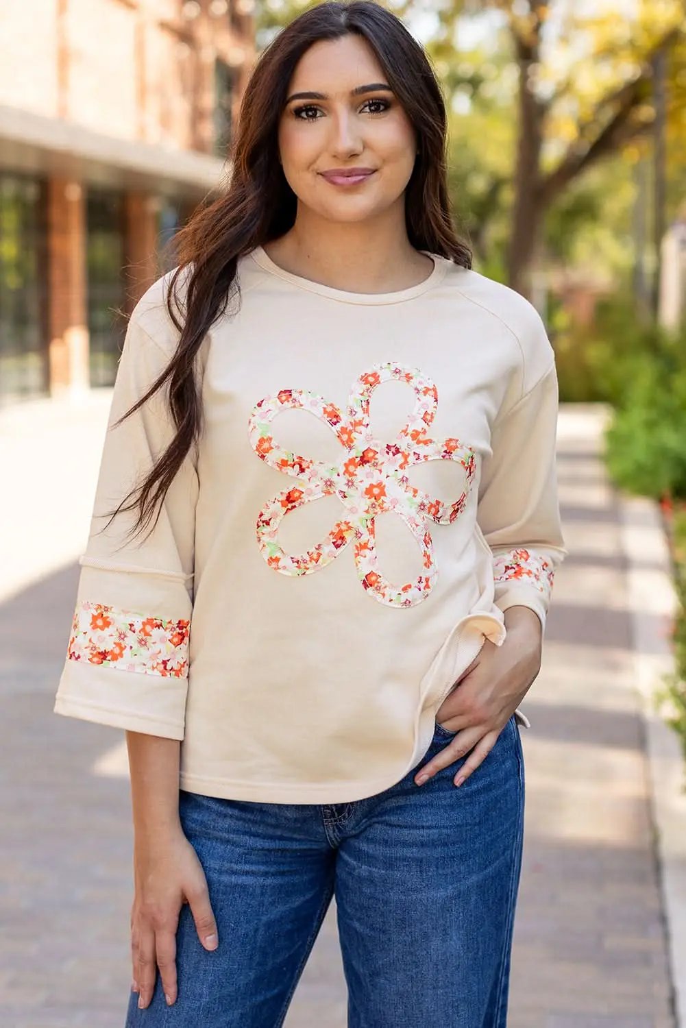 Accessories Love Salve Beige Floral Wide Sleeve Top - Graphic/Graphic