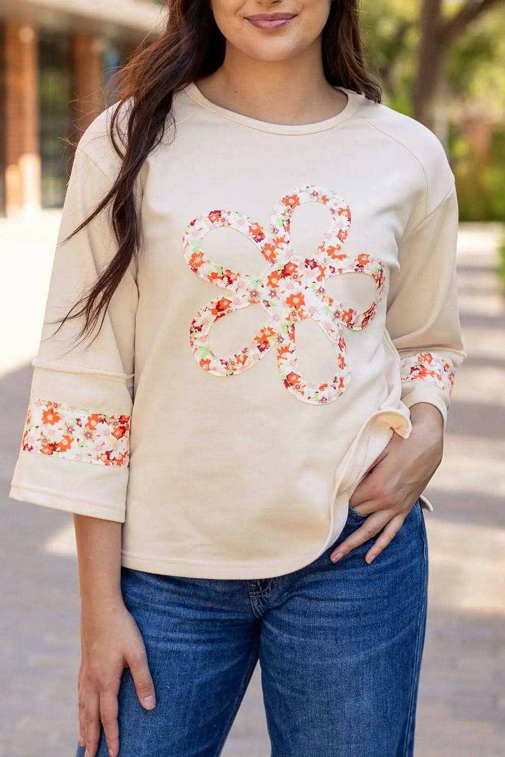 Accessories Love Salve Beige Floral Wide Sleeve Top - Graphic/Graphic