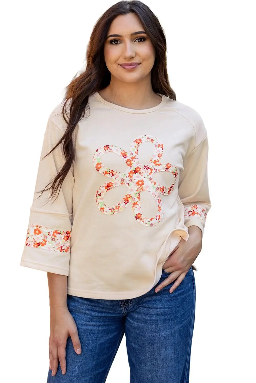 Accessories Love Salve Beige Floral Wide Sleeve Top - Graphic/Graphic
