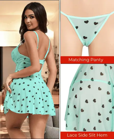 Pants Love Salve Lingerie Heart Printed Lace Mesh Push up Night Dress