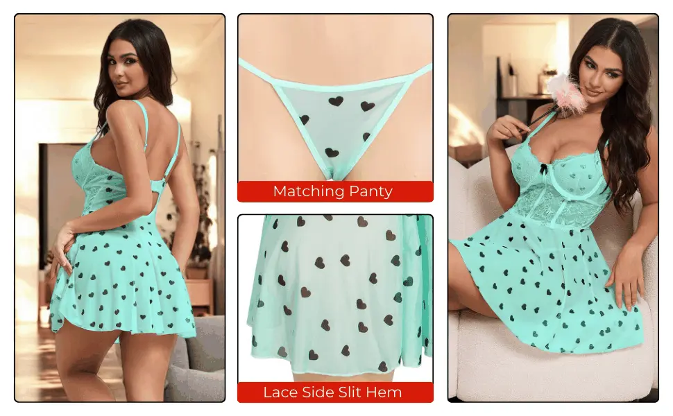 Pants Love Salve Lingerie Heart Printed Lace Mesh Push up Night Dress