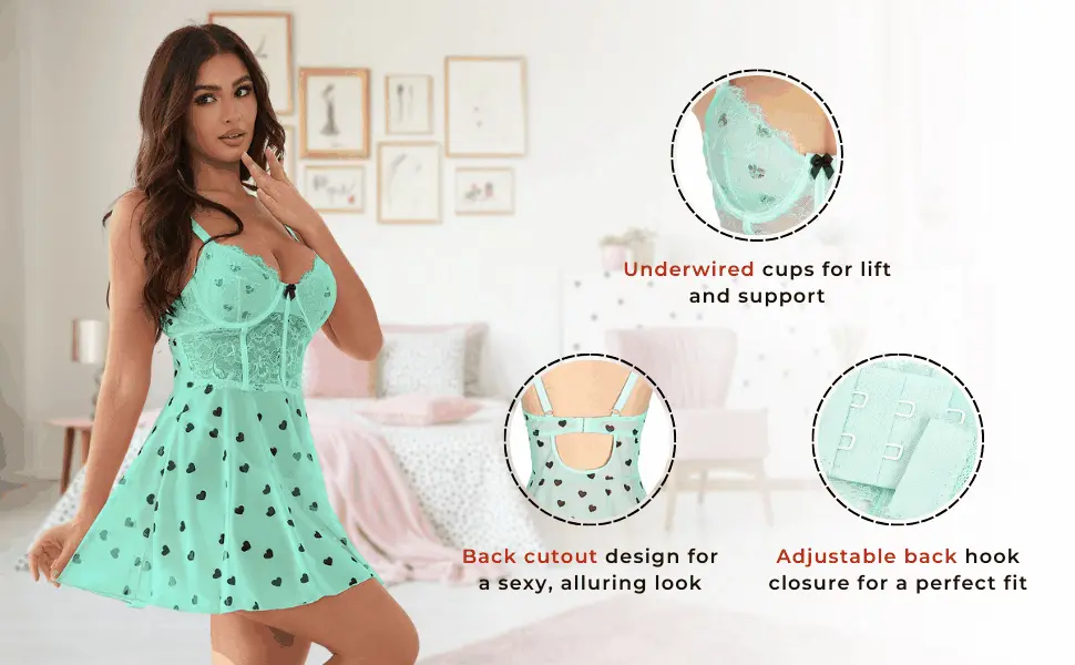 Pants Love Salve Lingerie Heart Printed Lace Mesh Push up Night Dress