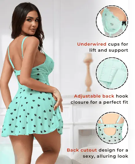 Pants Love Salve Lingerie Heart Printed Lace Mesh Push up Night Dress