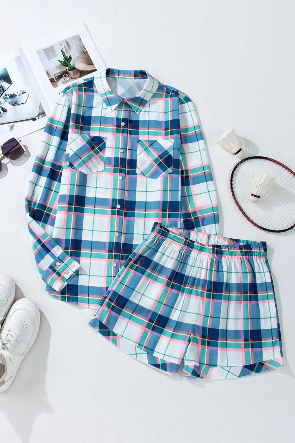 Love Salve Blue Plaid Pajama Set — Soft Loungewear for Women