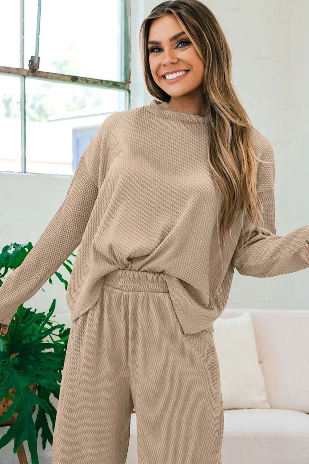Love Salve Smoke Gray Loose Textured Pullover and Pants Outfi