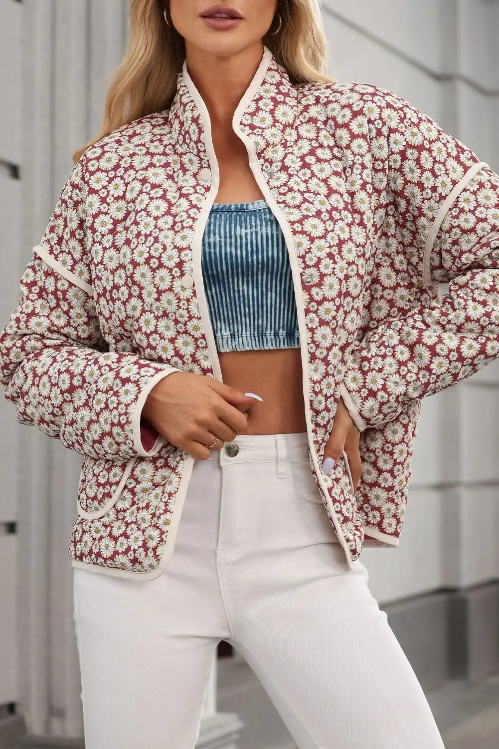Jackets Love Salve Chic pink floral coat with pockets