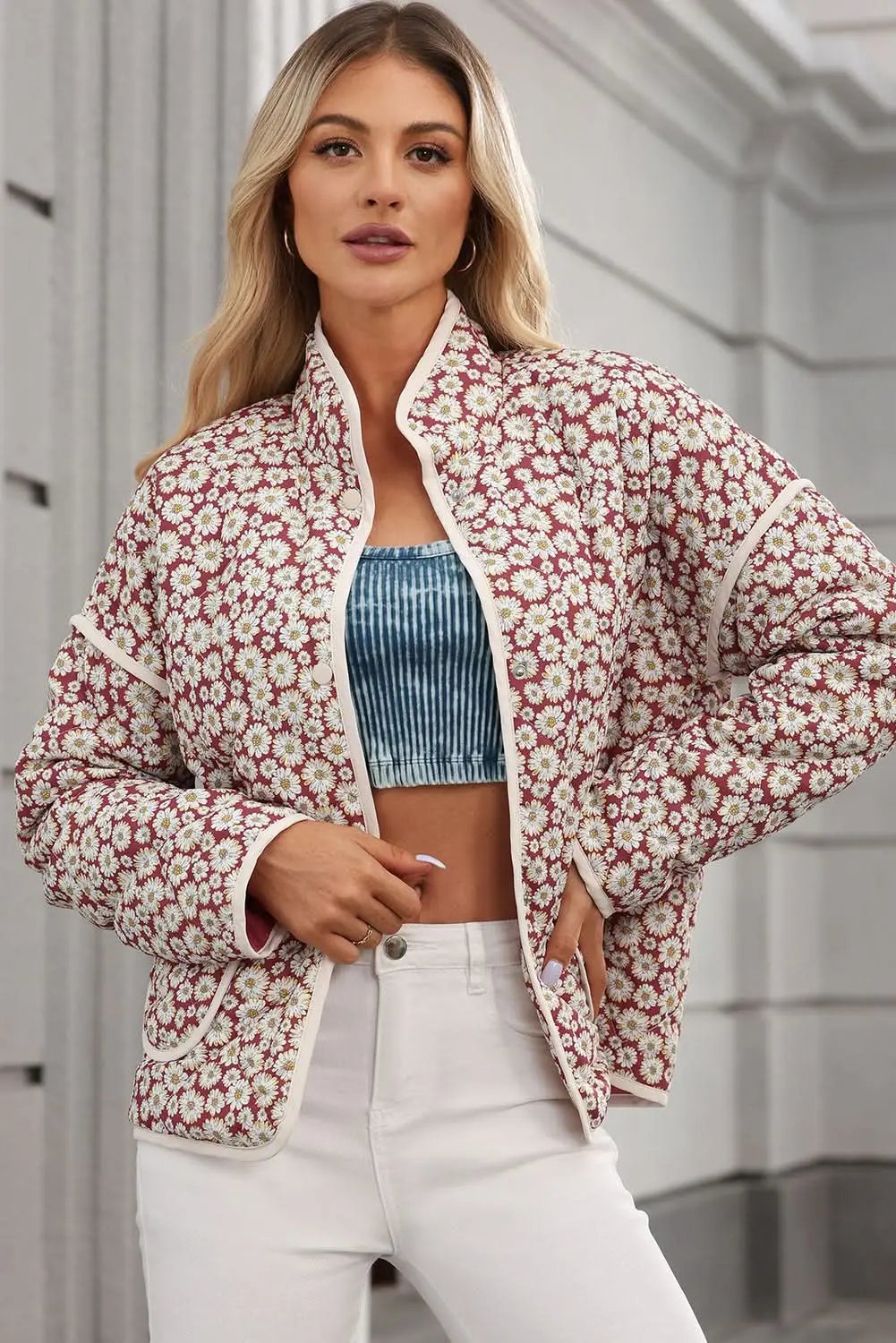 Jackets Love Salve Chic pink floral coat with pockets