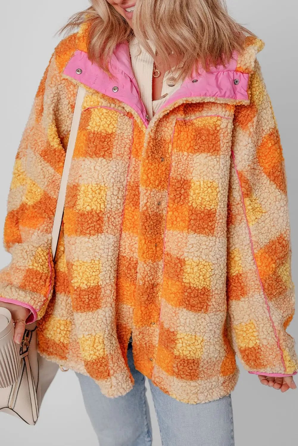 Jackets Love Salve Cozy orange checkered sherpa jacket